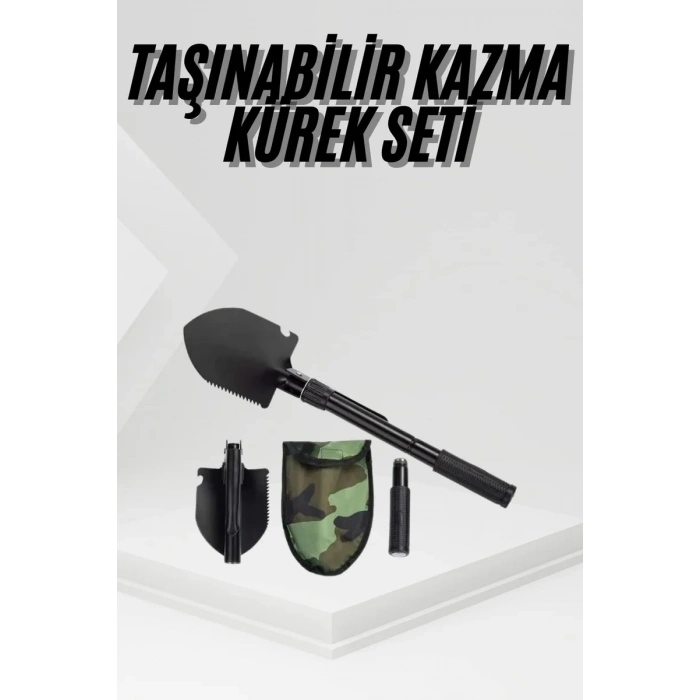 Nevamel® Katlanır Portatif Kazma Kürek Seti Portatif Çelik Taşıma Çantalı Pusulalı