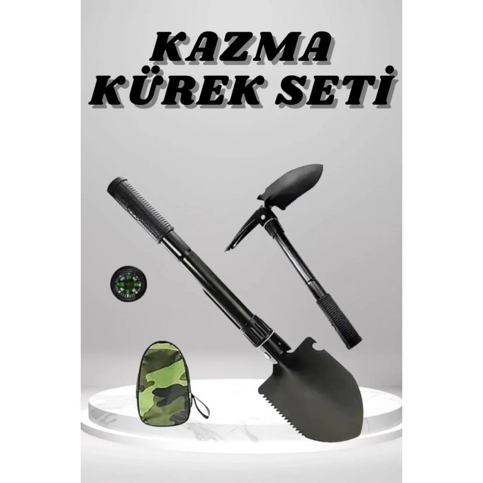 Nevamel® Kazma Kürek Seti Pusulalı Katlanır Portatif Kazma Kürek Seti Çok Fonksiyonlu Katlanabilir