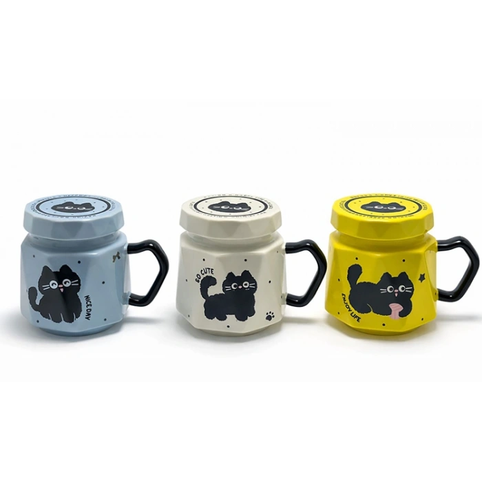 Nevamel® Kedi Desenli Kapaklı Seramik Kupa Bardak