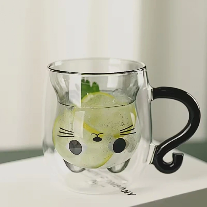 Nevamel Kedi Figürlü Çift Cidarlı Cam Bardak