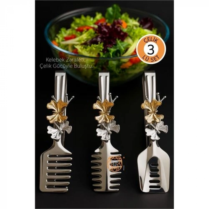 Nevamel® Kelebek Figürlü 3’lü Paslanmaz Çelik Servis Maşası Seti - Salata Pasta ve Izgara Maşası