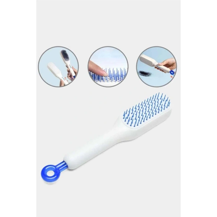 Nevamel® Kendi Kendini Temizleyen Otomatik Tuşlu Saç Tarağı Dolaşık Açıcı Masaj Fırçası Silikon Fırça