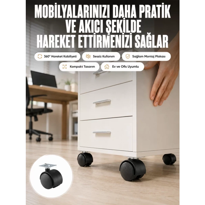 Nevamel® Kilitsiz 4 cm Tekerlek Ayak 4’lü Set Sessiz ve Dayanıklı