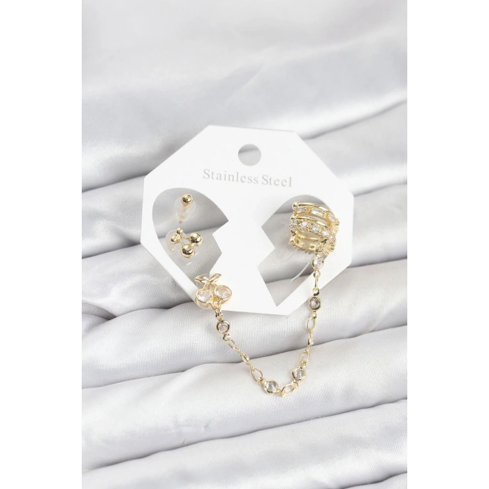 Nevamel® Kiraz Model Pirinç Gold Renk Zincir Bağlantılı Ear Cuff Küpe Seti 5886