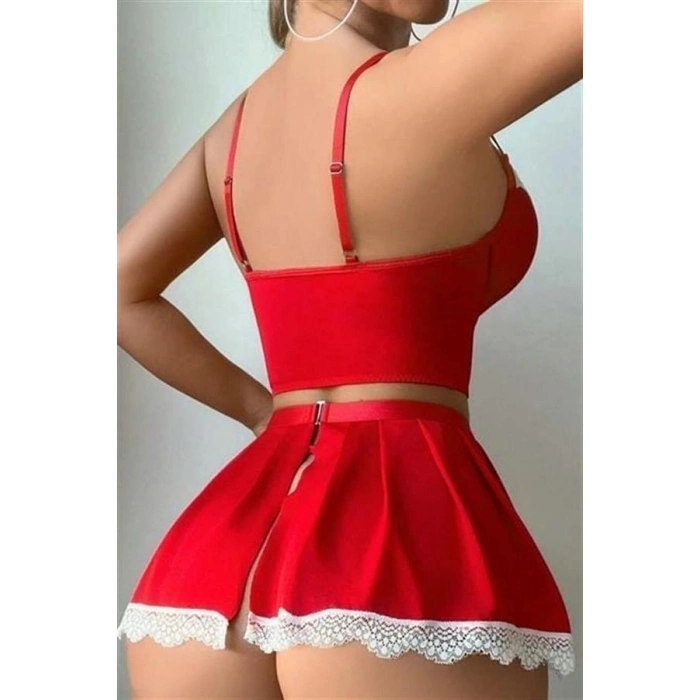 Nevamel® Kırmızı Beyaz Bacak Aksesuarlı Büstiyerli Fantezi Hizmetçi Kostümü