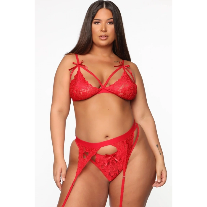 Nevamel® Kırmızı Dantelli Büyük Beden Jartiyer Takımı TM1300