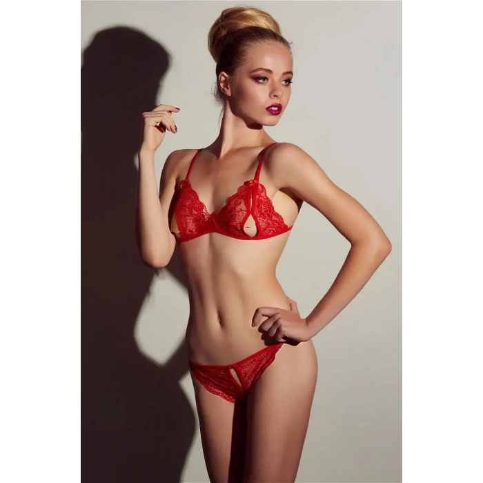 Nevamel® Kırmızı Dantelli Fantazi Sütyen ve G-String Takım TM2048