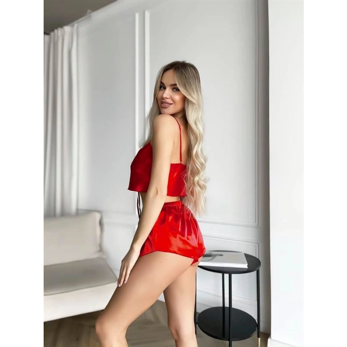 Nevamel® Kırmızı İnce Askılı Saten Şortlu Takım