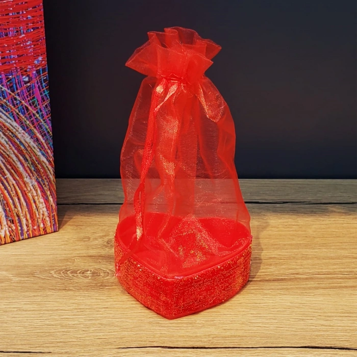 Nevamel Kırmızı Kalpli Tül Kese