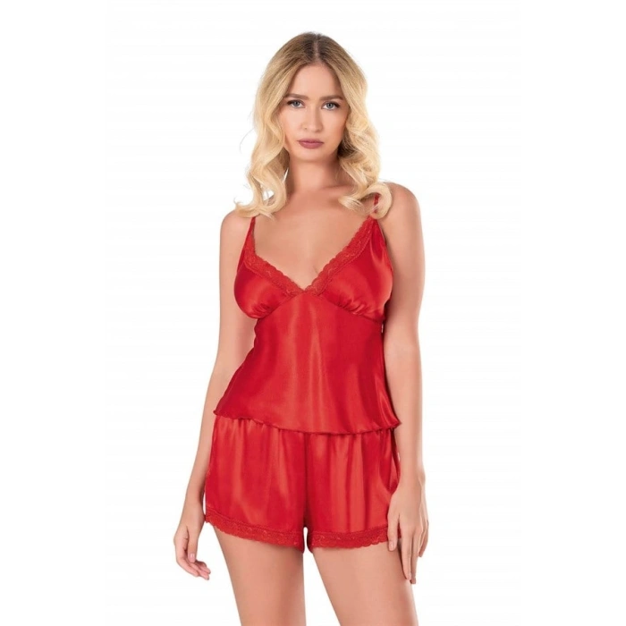 Nevamel® Kırmızı Saten Babydoll Şort Takımı
