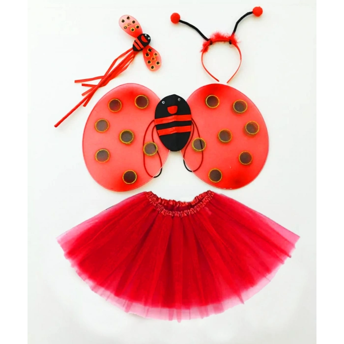 Nevamel Kırmızı Uğur Böceği Kostüm Seti - Tütü, Kanat, Taç, Asa