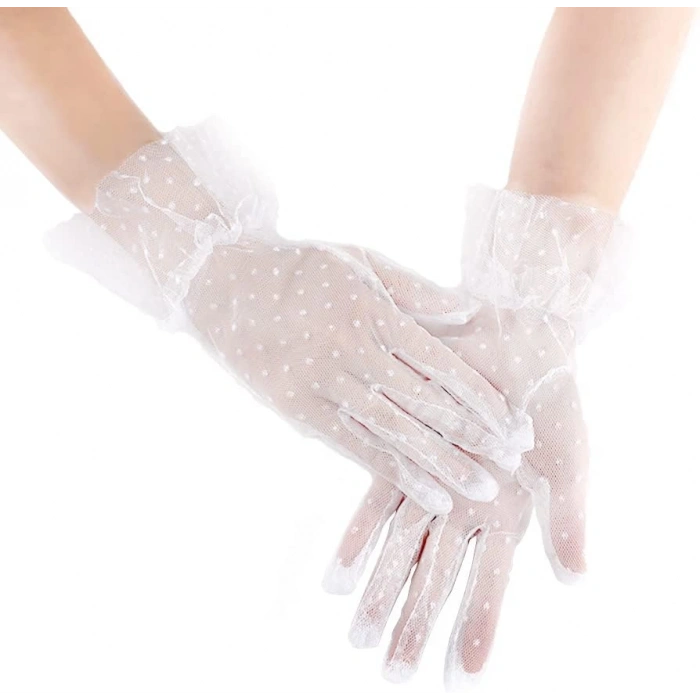 Nevamel Kısa Boy Güpürlü Beyaz Puantiyeli Tül Eldiven