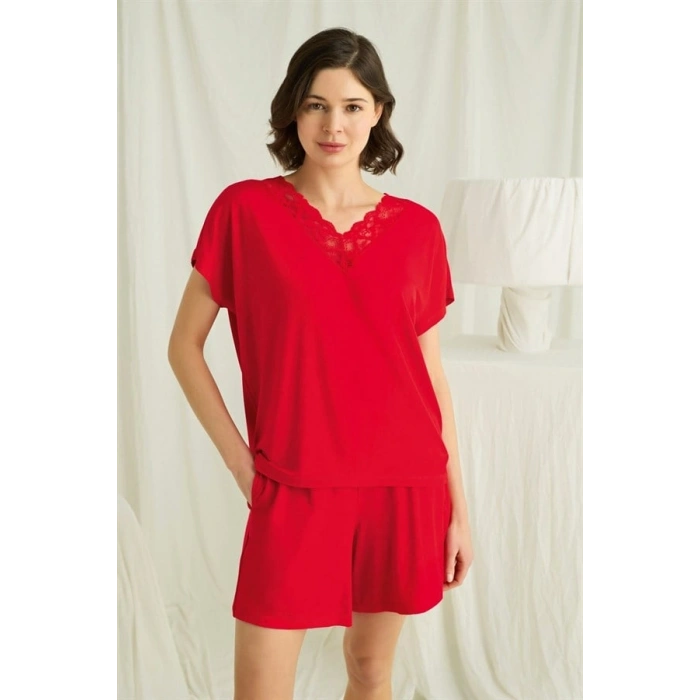 Nevamel® Kısa Kollu Dantelli V Yaka Şort Pijama Takımı