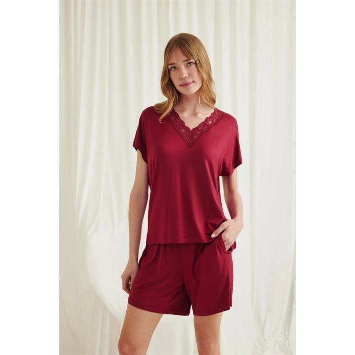 Nevamel® Kısa Kollu Dantelli V Yaka Şort Pijama Takımı