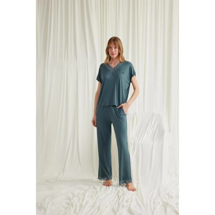 Nevamel® Kısa Kollu V Yakalı Dantelli Pijama Takımı