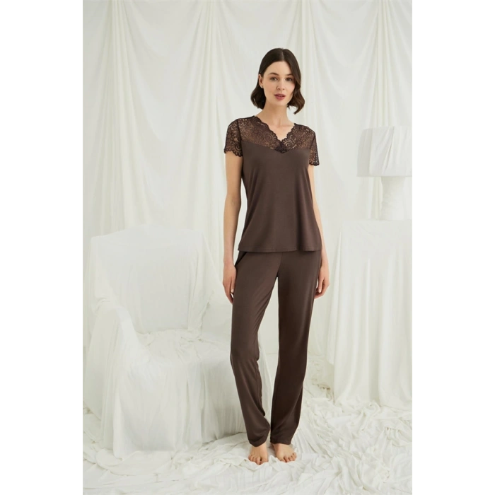 Nevamel® Kısa Kollu Ve Dantelli V Yaka Pijama Takımı