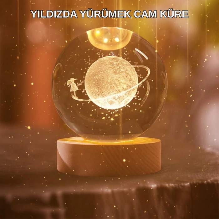 Nevamel® Kız Figürlü Sarı Cam Küre Işıklı Büyük Boy Ahşap Standlı Dekor