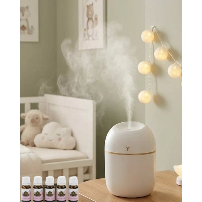 Nevamel® Kompakt Mini Hava Nemlendirici 5 Esans Hediyeli LED Işıklı USB Aromaterapi Cihazı