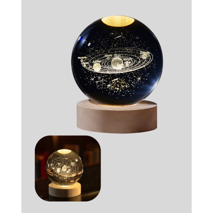 Nevamel® Kristal Gezegen Küre Ahşap Tabanlı USB Işıklı Gece Lambası