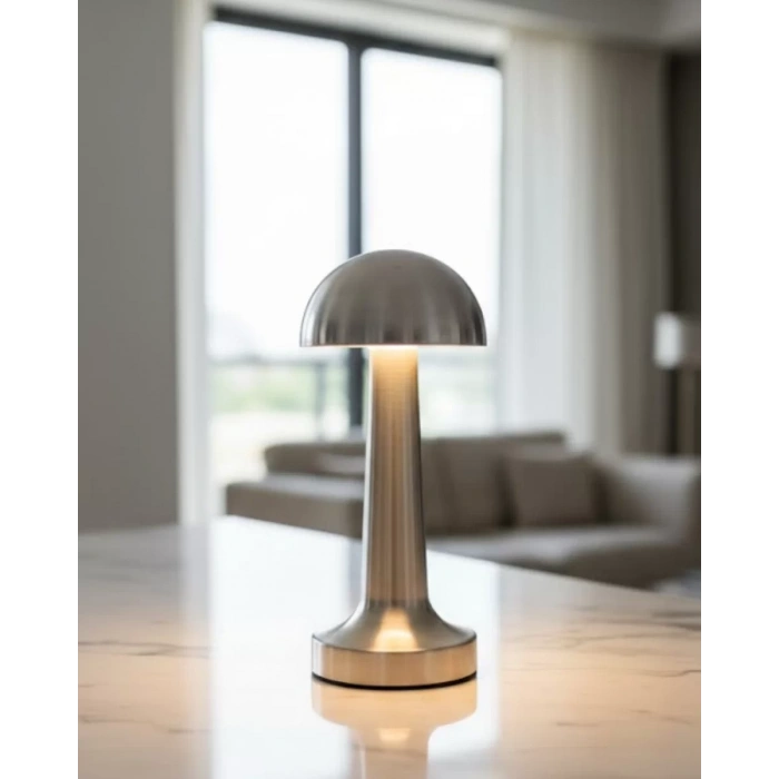 Nevamel® Krom Mantar Masa Lambası Dokunmatik 3 Renk LED Şarjlı Taşınabilir Gece Lambası