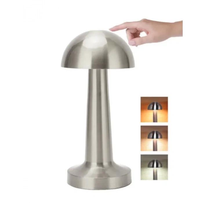 Nevamel® Krom Mantar Masa Lambası Dokunmatik 3 Renk LED Şarjlı Taşınabilir Gece Lambası