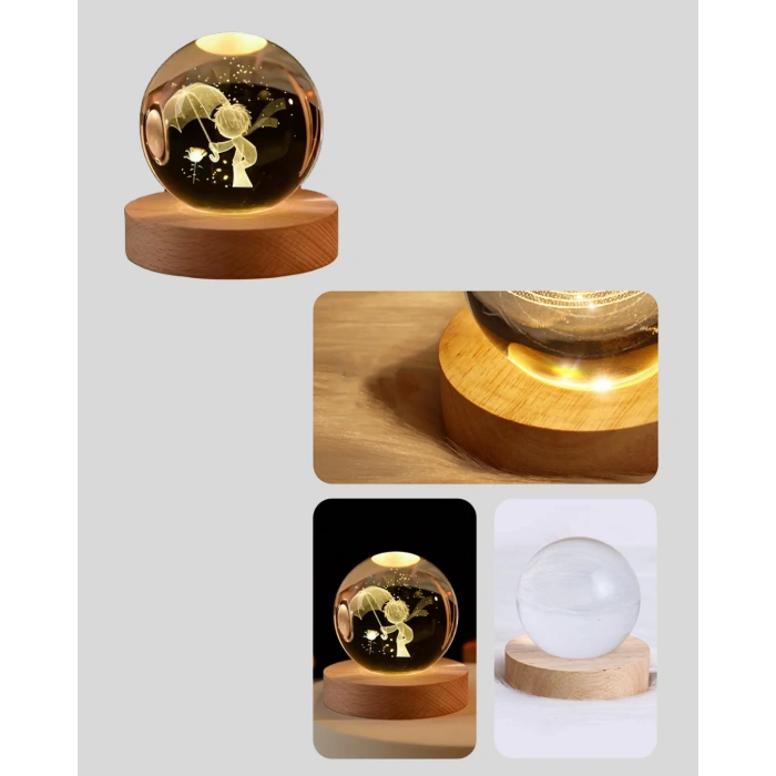 Nevamel® Küçük Prens Figürlü 3D Kristal Top Sıcak Işıklı USB Ahşap Tabanlı Dekor Lamba