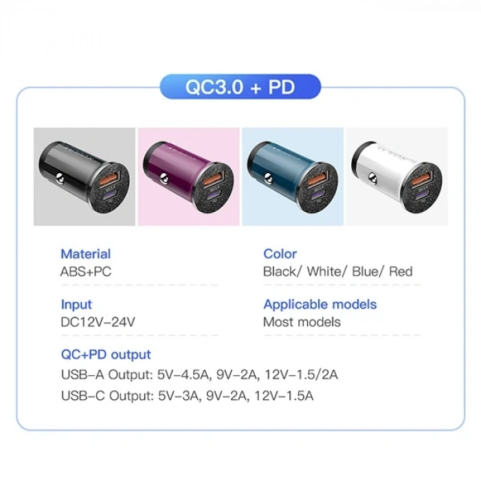 Nevamel KUULAA 42W USB + Type-C Çift Çıkışlı Mini Hızlı Araç Şarj Cihazı-(5775)