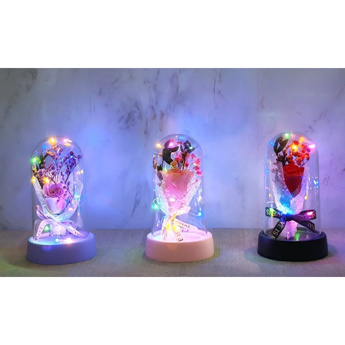 Nevamel® LED Işıklı Müzikli Cam Fanus İçinde Gül Buketi