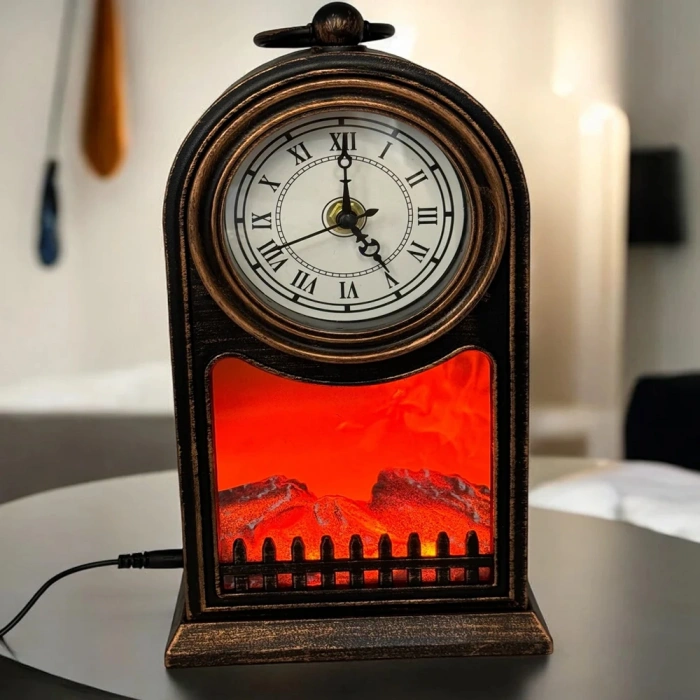 Nevamel® LED Işıklı Siyah Eskitme Şömine Saat