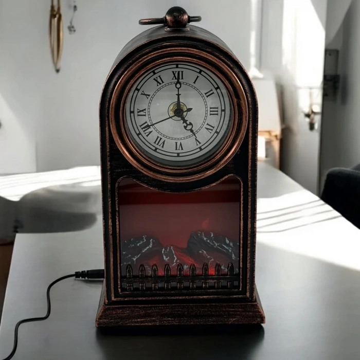 Nevamel® LED Işıklı Siyah Eskitme Şömine Saat