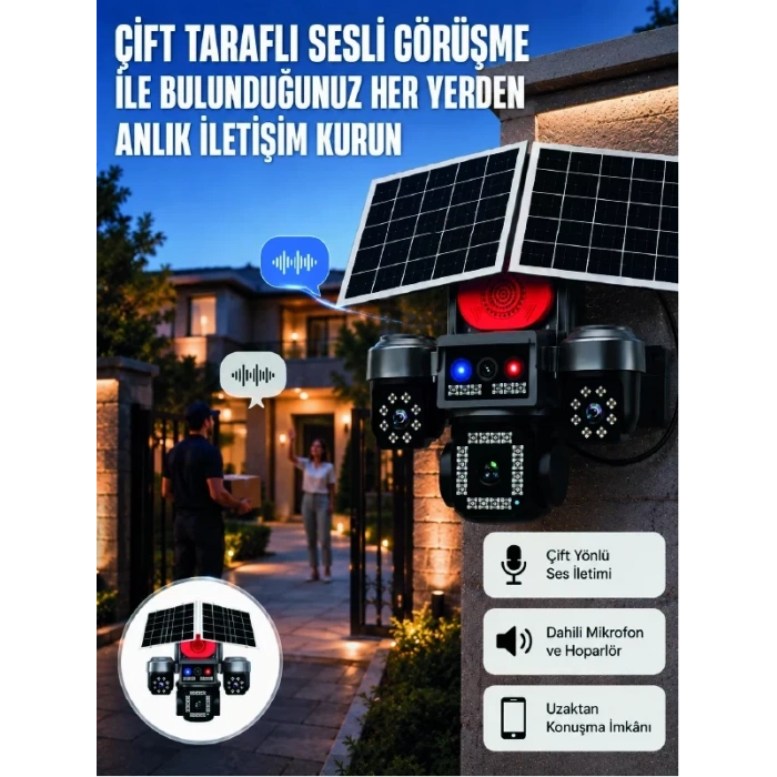 Nevamel® LED Projektörlü Sirenli Güneş Enerjili Akıllı Güvenlik Kamerası