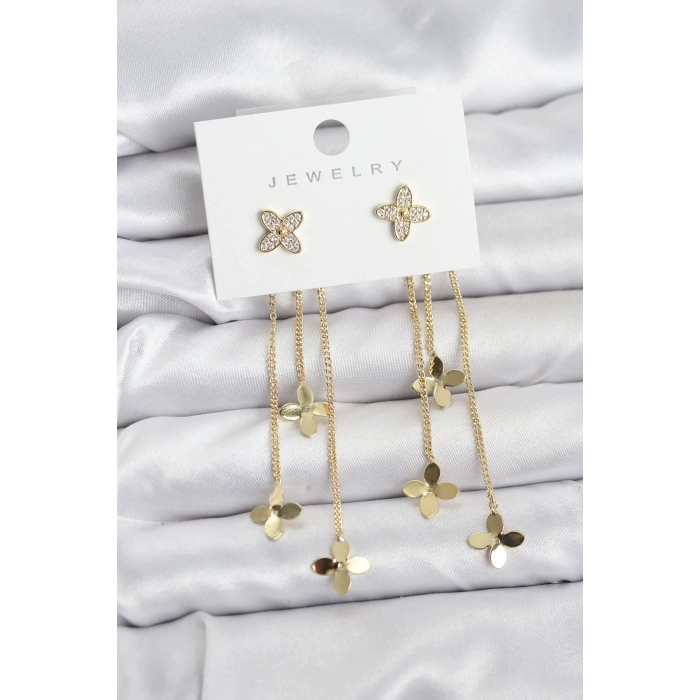 Nevamel® Lotus Model Gold Renk Pirinç Sallantılı Kadın Küpe 5886