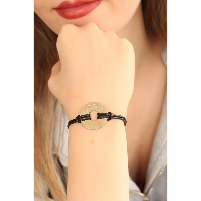 Nevamel® LUCKY (Şanslı) Siyah Deri İpli Unisex Mood Bileklik 5886