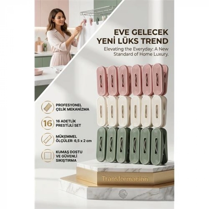 Nevamel® Lüks Çamaşır Mandalı Seti | 16lı Çelik Yaylı İz Bırakmaz Profesyonel Mandal 723087