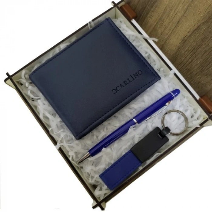 Nevamel  Mavi Cüzdan Kalem ve Deri Mavi Anahtarlık Set