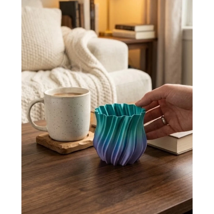 Nevamel® Mavi Degrade Kıvrımlı 3D Vazo Minimal Modern Ev Dekoru