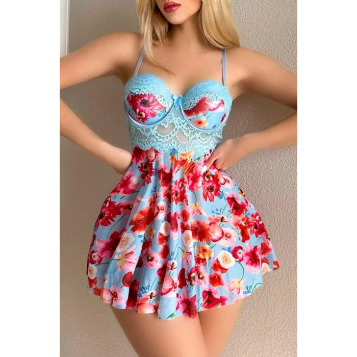 Nevamel® Mavi Rüya Gecesi Çiçekli Askılı Mini Gecelik 15628