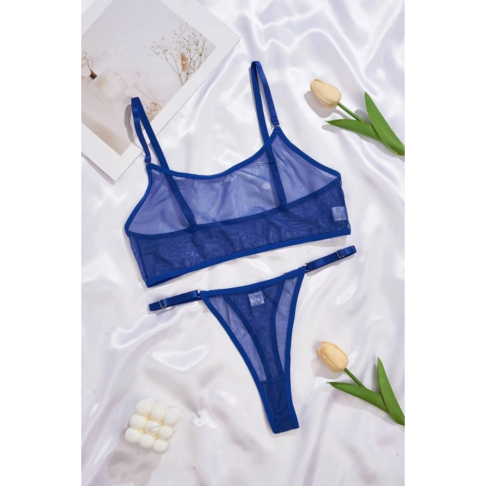 Nevamel® Mavi Transparan Tül Bralet Tanga İç Giyim Takımı TM1389