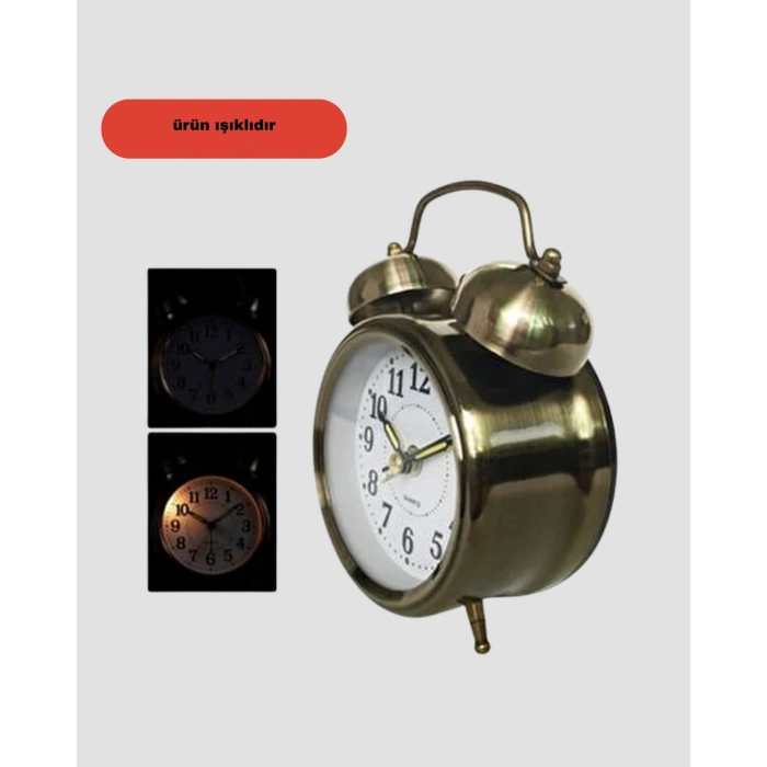 Nevamel® Metal Bronz Nostaljik Masa Saati Alarmlı Büyük Boy Sessiz Mekanizmalı