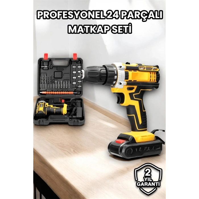 Nevamel® Metal Dişli 24W Akülü Matkap -Çift Bataryalı ve LED Çalışma Işığı ile Tam Set