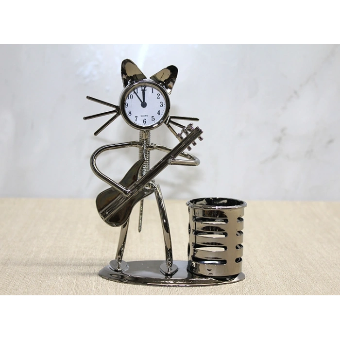 Nevamel Metal Gitar Çalan Müzisyen Kedi Saat Ve Kalemlik