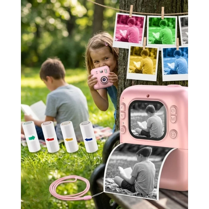 Nevamel® Mini Çocuk Kamerası Fotoğraf Video Çekim 4 Rulo Baskı Kağıdı ve 5 Kalem Hediyeli