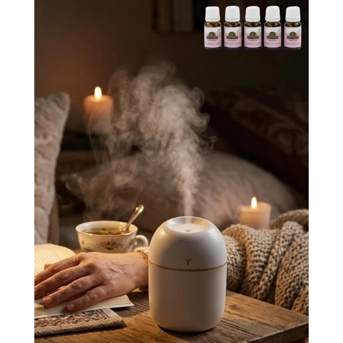 Nevamel® Mini Nemlendirici 5 Esans Hediyeli LED Işıklı Taşınabilir Aromaterapi Buhar Makinesi