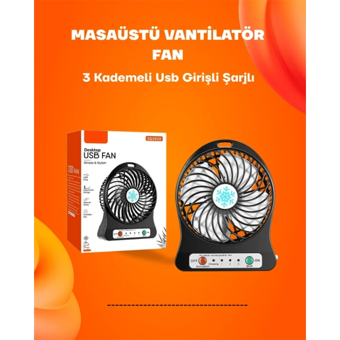Nevamel Mini Vantilatör Masaüstü – USB Girişli Şarjlı 3 Kademe Sessiz Motor Işıklı