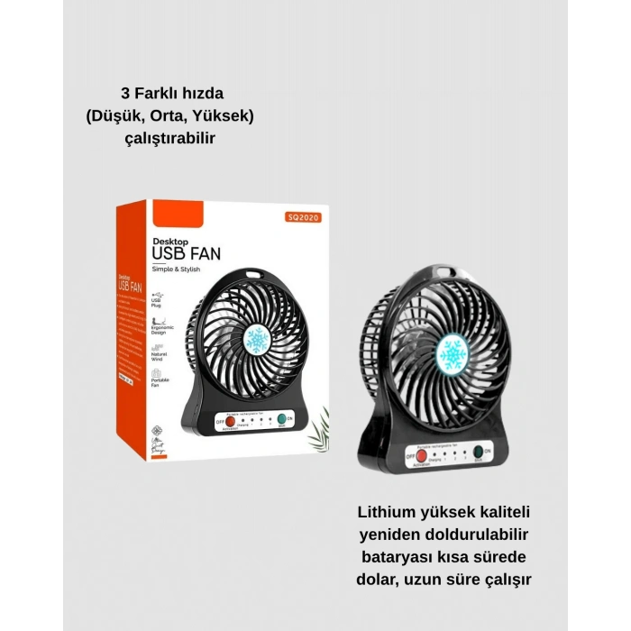 Nevamel Mini Vantilatör Masaüstü – USB Girişli Şarjlı 3 Kademe Sessiz Motor Işıklı