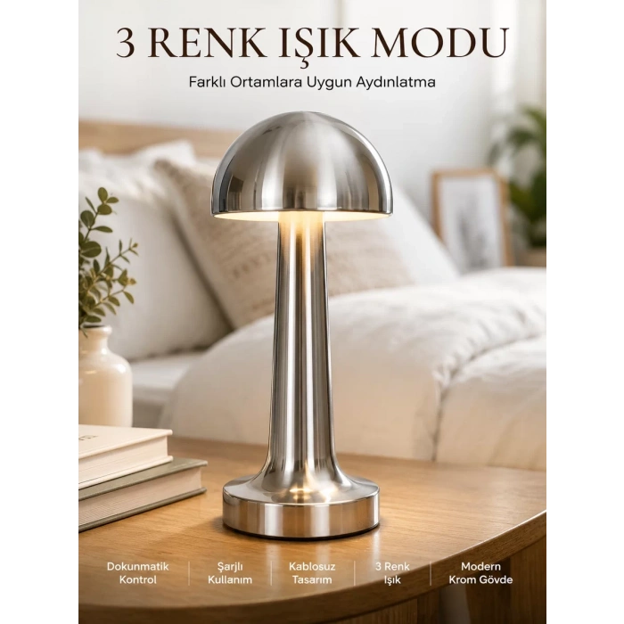 Nevamel® Modern Mantar Masa Lambası Dokunmatik 3 Işık Modlu Şarjlı Kablosuz LED Yeni Nesil