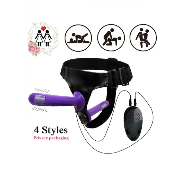 Nevamel® Mor Double Dong Titreşimli Belden Bağlamalı Çift Taraflı Bisex Dildo Vibratör