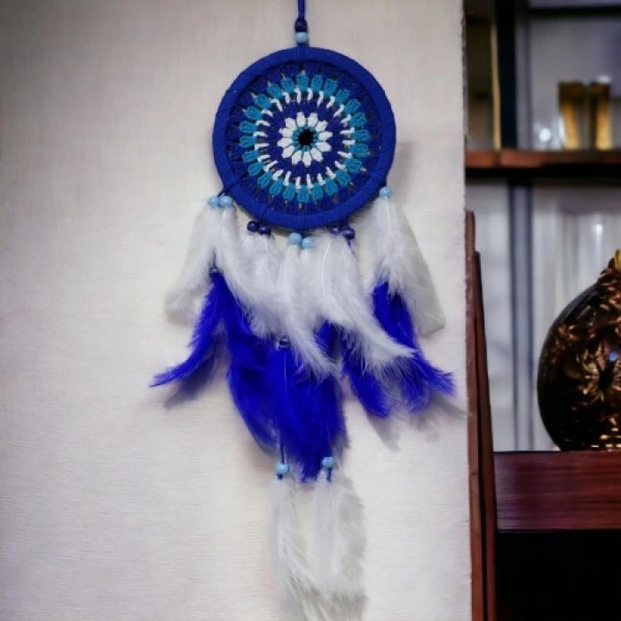 Nevamel Nazar Boncuğu Desenli Bol Kuş Tüylü Lacivert Dream Catcher El Yapımı Duvar Dekoru