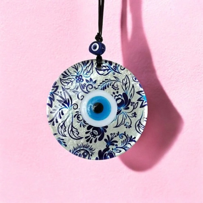 Nevamel Nazar Boncuklu Yaprak Desenli Gümüş Rengi Füzyon Cam El Yapımı 12 Cm Duvar Süsü Nazarlık Hediyelik Eşya