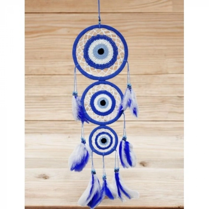 Nevamel Nazar Motifli Üç Çemberli Kuş Tüylü Mavi Duvar Süsü
